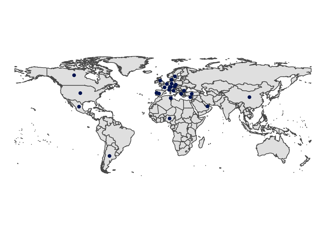 World map with dots marking geocoded places